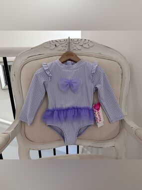 🤍 18 Mth Wippette Lavender Striped Long-Sleeve One-Piece with Tulle Bow NWT